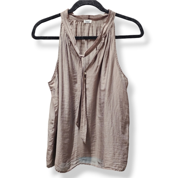 3/$25 Splendid Light Brown Silk Blend Striped Tie Neck Blouse size Small - Picture 1 of 4